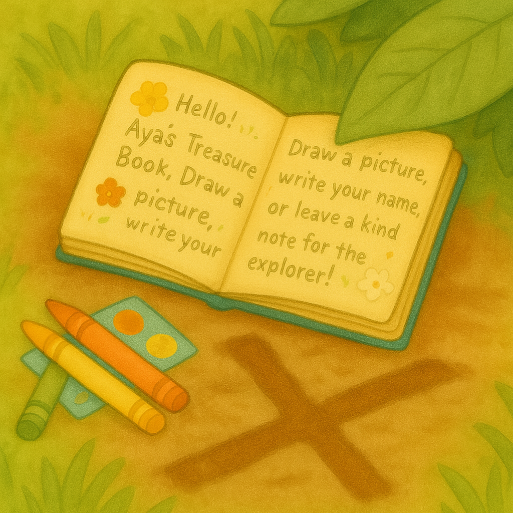 Aya's treasure notebook with crayons and stickers